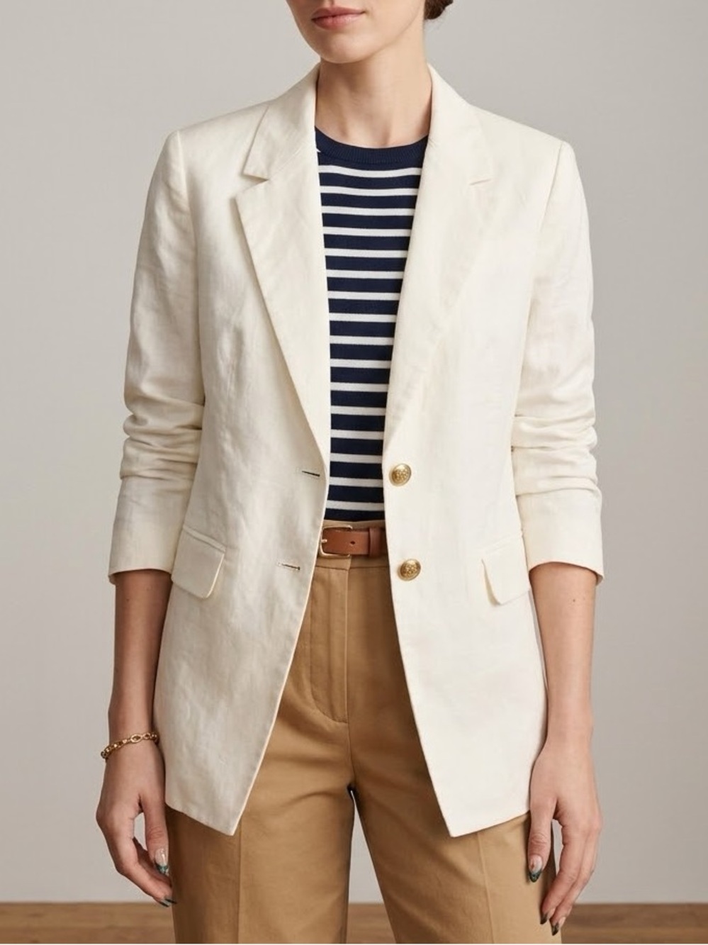 J.CREW Madelyn Linen Blend Blazer White Gold Crest Buttons BZ883